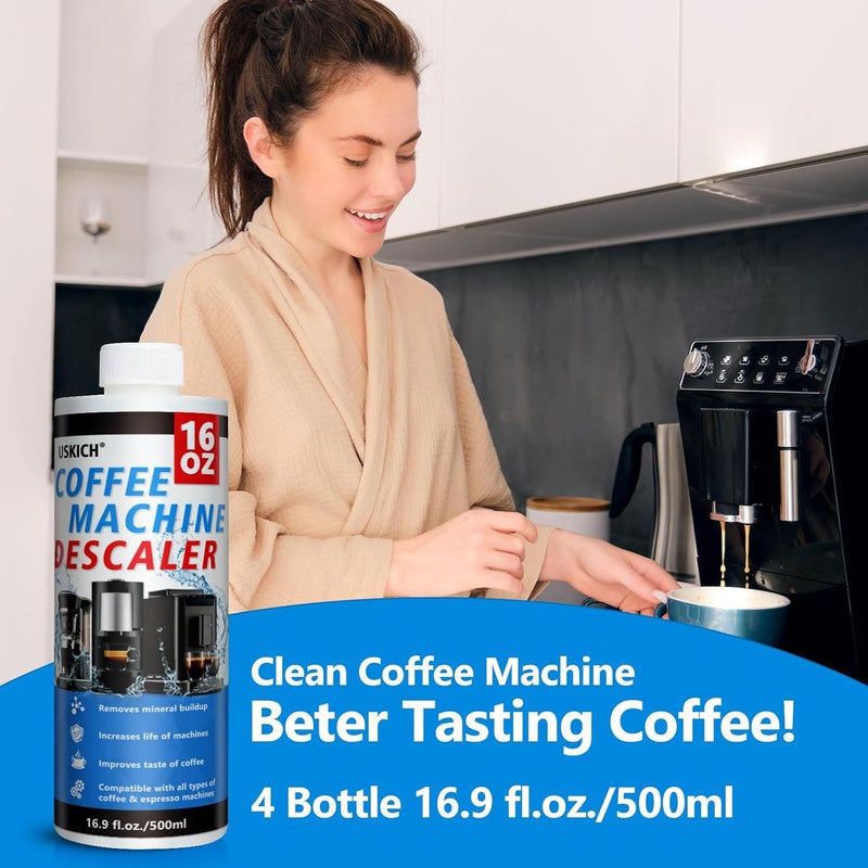 USKICH 4 Pack Coffee Machine Descaler Cleaner -16 Uses,Descaling Solution for Nespresso Breville Keurig Jura &Delonghi - Coffee Machine Cleaners For All Coffee Makers & Espresso Machines,Glass Pot Cleaner - Image 3